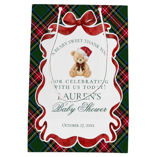 Tartan Plaid Christmas Bear Baby Shower Favors Medium Cadeauzakje (Achterkant)
