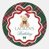 Tartan Plaid Christmas Bear Birthday Envelope Seal Ronde Sticker (Voorkant)
