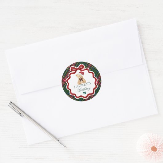 Tartan Plaid Christmas Bear Birthday Envelope Seal Ronde Sticker (Envelop)