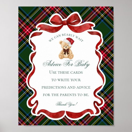 Tartan Plaid Christmas Bear Shower Advice for Baby Poster (Voorkant)