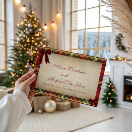Tartan Plaid Christmas Red Bow Christmas Card Feestdagenkaart
