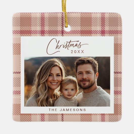 Tartan Plaid Foto Kerstmis Keramisch Ornament (Voorkant)