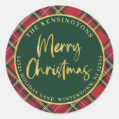 Tartan Plaid Gold Script Kerstretouradres Ronde Sticker (Voorkant)