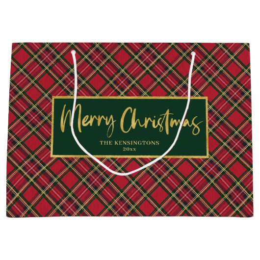 Tartan Plaid Gold Script Vrolijk kerstfeest Groot Cadeauzakje (Voorkant)