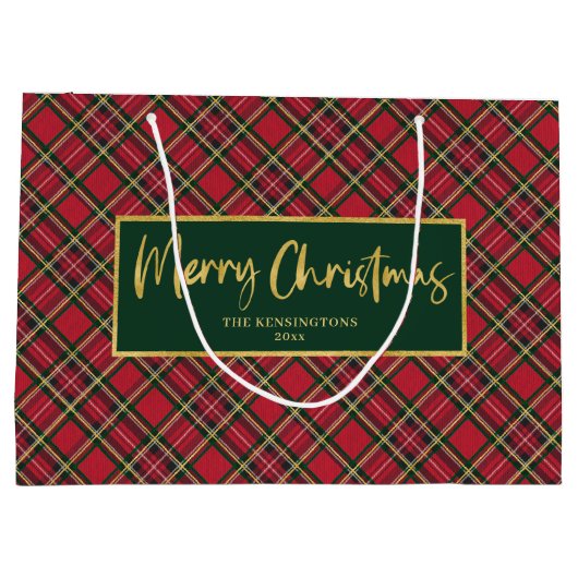 Tartan Plaid Gold Script Vrolijk kerstfeest Groot Cadeauzakje (Achterkant)