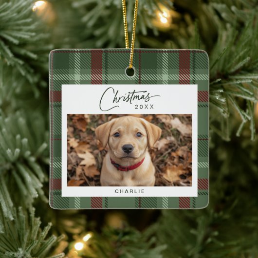 Tartan Plaid Hond Foto Kerstmis Keramisch Ornament (Boom)