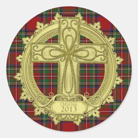 Tartan Plaid Keltisch Kruis Kerstmis Kerstmis Ronde Sticker (Voorkant)