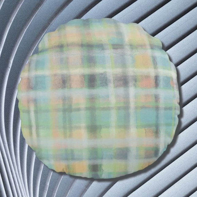 Tartan plaid moderne pastel grijs groen blauw geel rond kussen (Creator heeft geüpload)