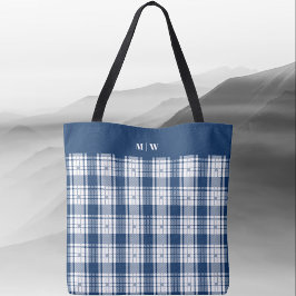 Tartan Plaid - Navy Blauw en Wit Tote Bag