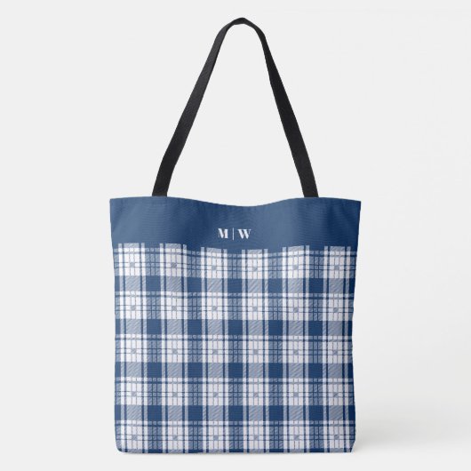 Tartan Plaid - Navy Blauw en Wit Tote Bag (Achterkant)