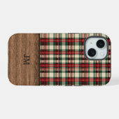 Tartan Plaid Phone Case with Wood Monogram iPhone 15 Case (Achterkant horizontaal)