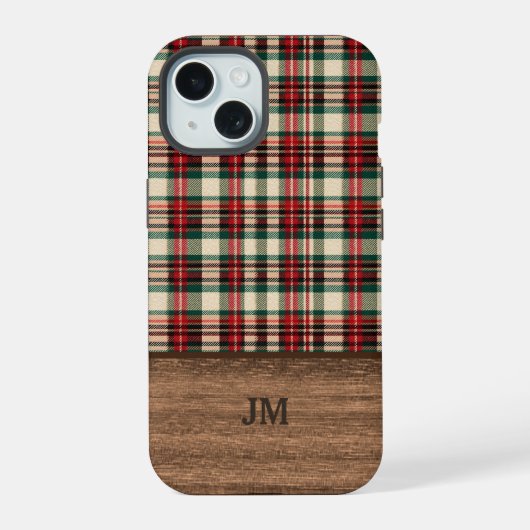 Tartan Plaid Phone Case with Wood Monogram iPhone 15 Case (Achterkant)