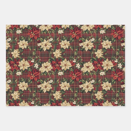 Tartan Plaid & Red Poinsettia Kerstvakantie Inpakpapier Vel (Voorkant 3)