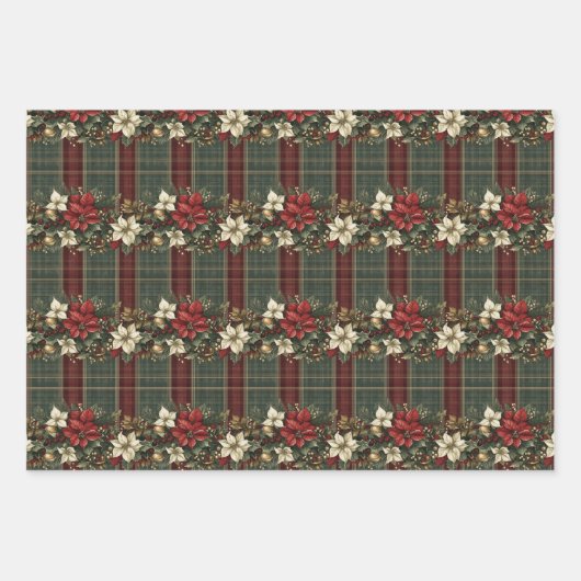 Tartan Plaid & Red Poinsettia Kerstvakantie Inpakpapier Vel (Voorkant 2)