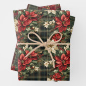 Tartan Plaid & Red Poinsettia Kerstvakantie Inpakpapier Vel (In situ)
