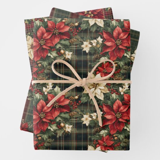 Tartan Plaid & Red Poinsettia Kerstvakantie Inpakpapier Vel (In situ)