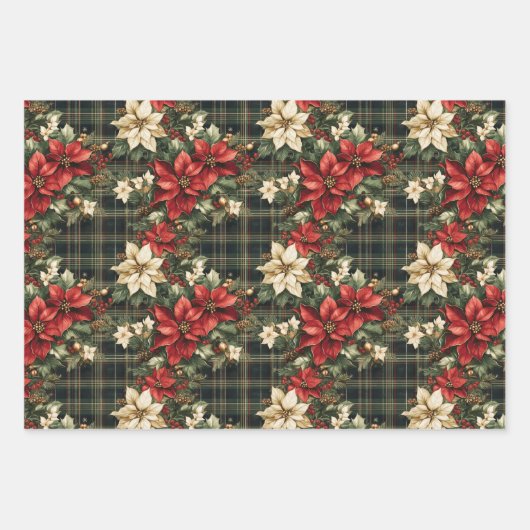 Tartan Plaid & Red Poinsettia Kerstvakantie Inpakpapier Vel (Voorkant)