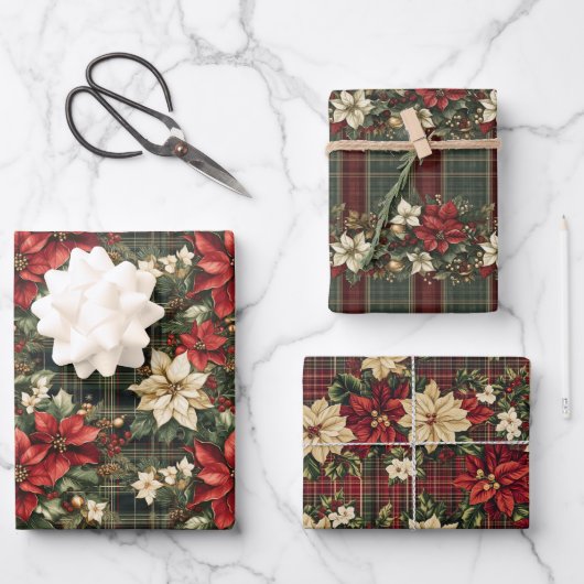 Tartan Plaid & Red Poinsettia Kerstvakantie Inpakpapier Vel (Voorkant)