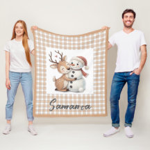 Tartan plaid reindeer snowman  beige white name