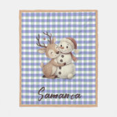 Tartan plaid reindeer snowman blue beige name fleece deken (Voorkant)