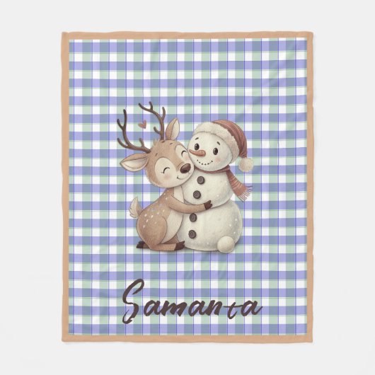 Tartan plaid reindeer snowman blue beige name fleece deken (Voorkant)