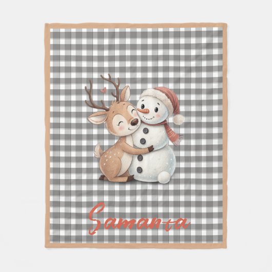 Tartan plaid reindeer snowman grey white name fleece deken (Voorkant)
