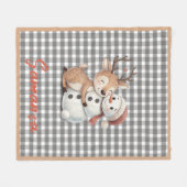 Tartan plaid reindeer snowman grey white name fleece deken (Voorkant (Horizontaal))