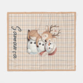 Tartan plaid reindeer snowman orange beige name fleece deken (Voorkant (Horizontaal))