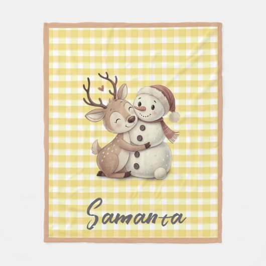Tartan plaid reindeer snowman yellow beige name fleece deken (Voorkant)