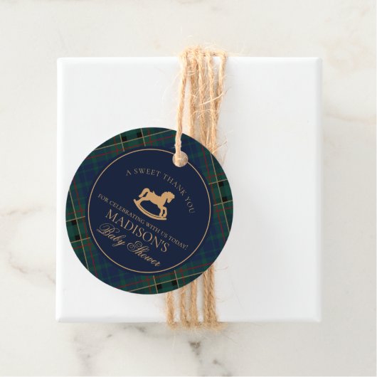 Tartan Plaid Rocking Horse Baby Shower Circle Bedankjes Labels (In situ)
