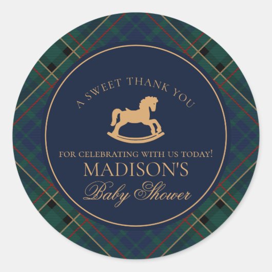 Tartan Plaid Rocking Horse Baby Shower Favor Ronde Sticker (Voorkant)