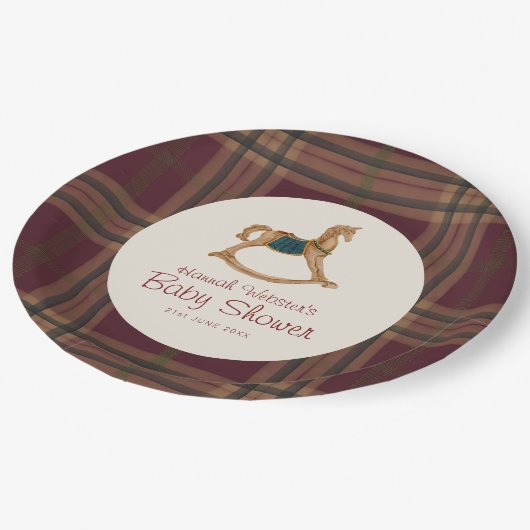 Tartan Plaid Rocking Horse Baby Shower Papieren Bordje (Gekanteld)
