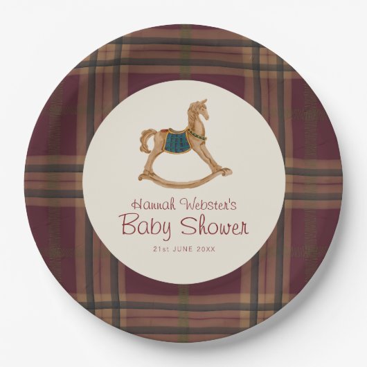 Tartan Plaid Rocking Horse Baby Shower Papieren Bordje (Voorkant)