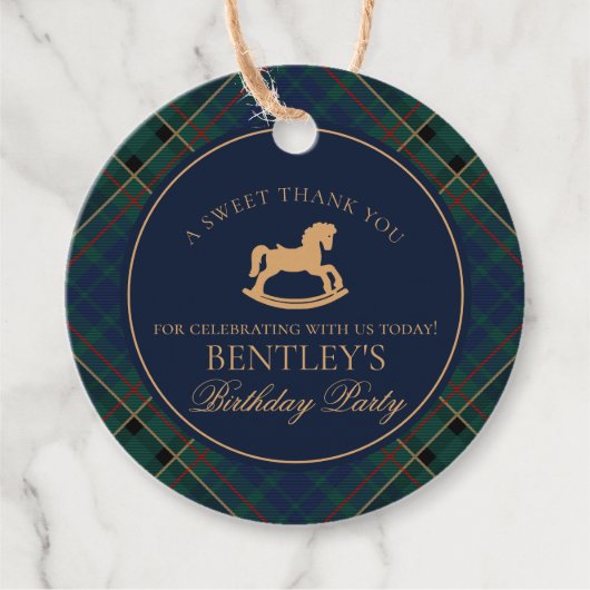 Tartan Plaid Rocking Horse Birthday Party Circle Bedankjes Labels (Voorkant)