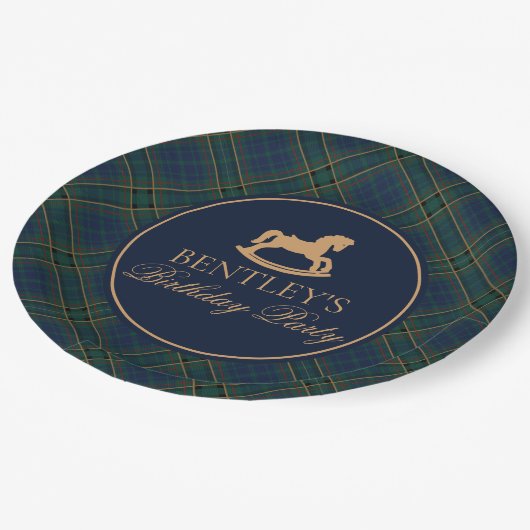 Tartan Plaid Rocking Horse Birthday Party Papieren Bordje (Gekanteld)