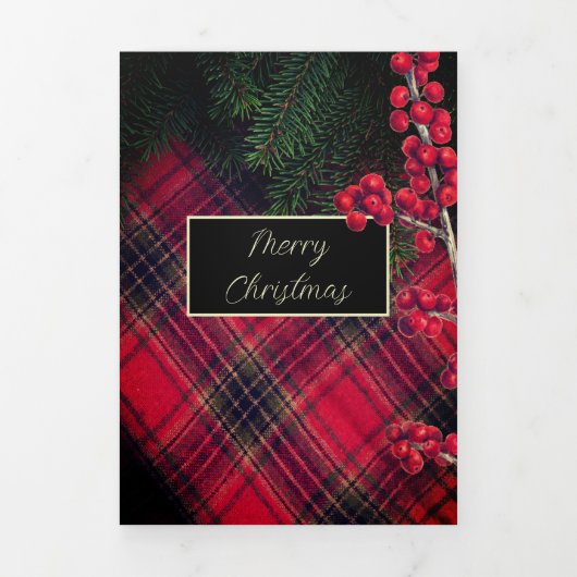 Tartan Plaid Rood Gepersonaliseerd Wit Script Drieluik Wenskaart (Cover)