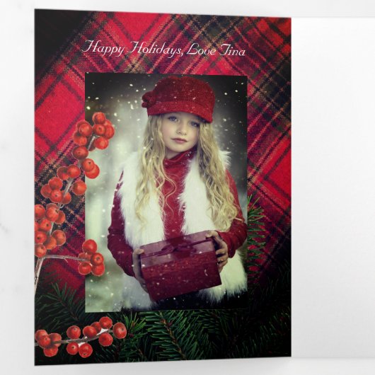 Tartan Plaid Rood Gepersonaliseerd Wit Script Drieluik Wenskaart (Binnenzijde eerst)