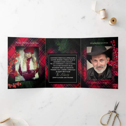 Tartan Plaid Rood Gepersonaliseerd Wit Script Drieluik Wenskaart (Binnen)