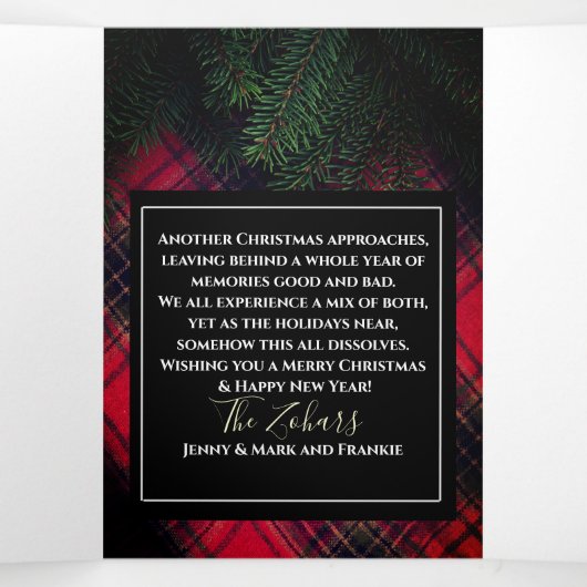 Tartan Plaid Rood Gepersonaliseerd Wit Script Drieluik Wenskaart (Binnenkant midden)