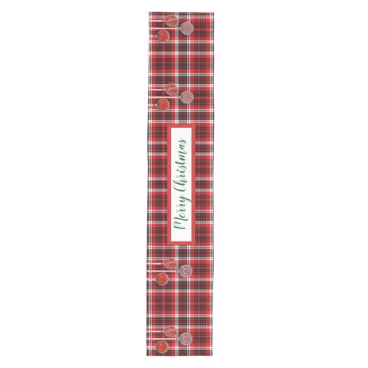 Tartan Plaid, Rood Wit Zwart, Ornamenten, Glitter Medium Tafelloper (Voorkant)