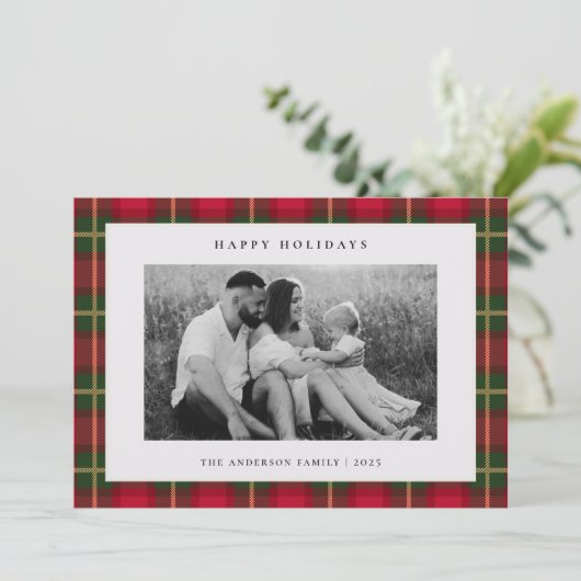 Tartan Plaid Tweezijdige Familiefoto Kerstmis Feestdagenkaart (Staand voorkant)