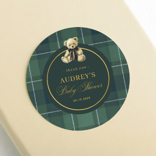 Tartan Polo Plaid Teddybeer Baby Shower Bedankt Ronde Sticker