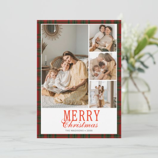 Tartan Preppy Christmas Photo Collage Feestdagenkaart (Staand voorkant)