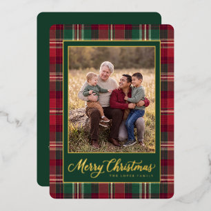Tartan Prettig Kerstmis Familie Foto Folie Feestdagenkaart