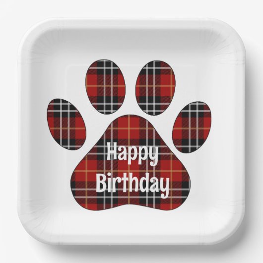 Tartan Pset Birthday Pawprints Papieren Bordje (Voorkant)
