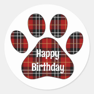 Tartan Pset Birthday Pawprints Ronde Sticker