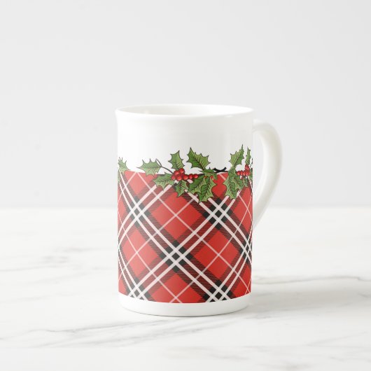 Tartan Pset en Holly Bone China Mok met kerstmis (Voorkant rechts)