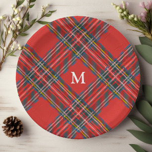 Tartan Pset Red Kerstmonogram Papieren Bordje