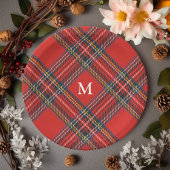 Tartan Pset Red Kerstmonogram Papieren Bordje