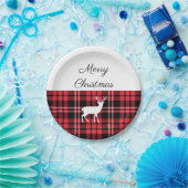 Tartan Pset Red KerstWhite Deer Papieren Bordje (Feest)